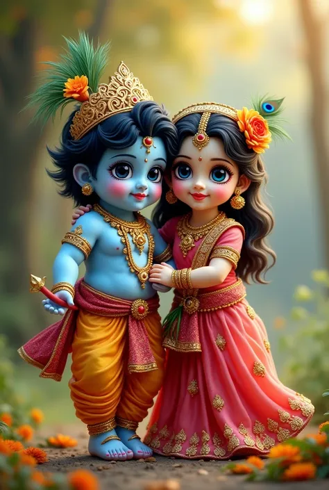 high quality, 8K Ultra HD, load krishna and Radha  cute image in big with with blue eyes And proper traditional dress full image at the area of nature beautiful ground witn krishna head peacock feather atach both 