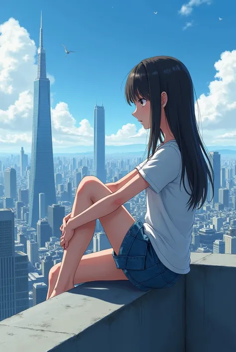 Like a girl, from the side, sitting on a panel house/skysvraper rooftop, and a not too detailed But busy, japanese like city behind her, and she is sitting with one of her legs hanging down and the other pulled up to her chest, and where her leg is pulled ...