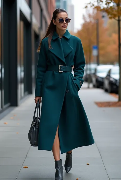 For October’s high-end elegant street fashion, the model wears a stunning navy teal longline coat dress** crafted from a plush wool-cashmere blend that perfectly embodies the cool, crisp essence of mid-autumn. The coat dress features a sleek, single-breast...