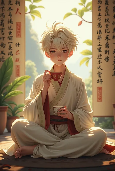 Asian boy with typical Chinese clothes and platinum blonde hair,  is drinking tea in a room with scrolls and nature behind it