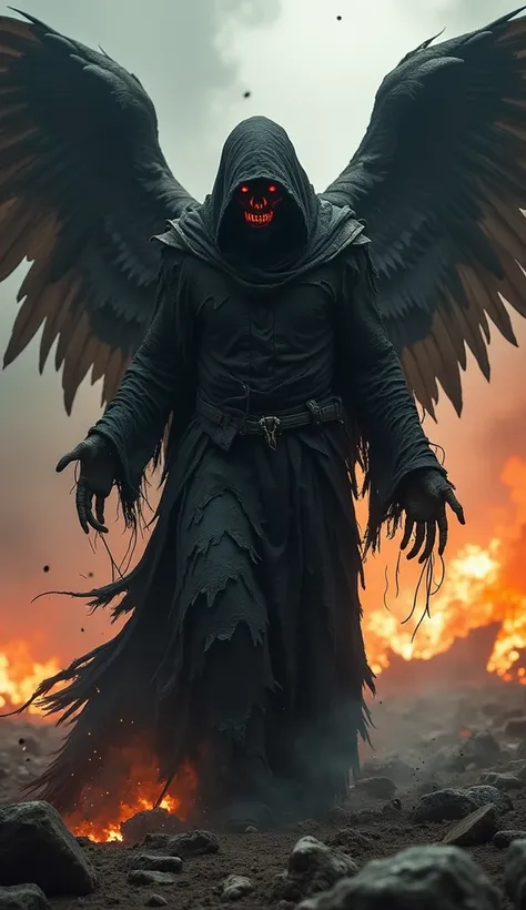 A terrifying fallen angel stands amidst a battlefield of destruction. It wears tattered black robes with a hood, its wings outstretched but frayed and damaged, exuding despair. The angels disfigured face instills fear and anguish, illuminated by its glowin...