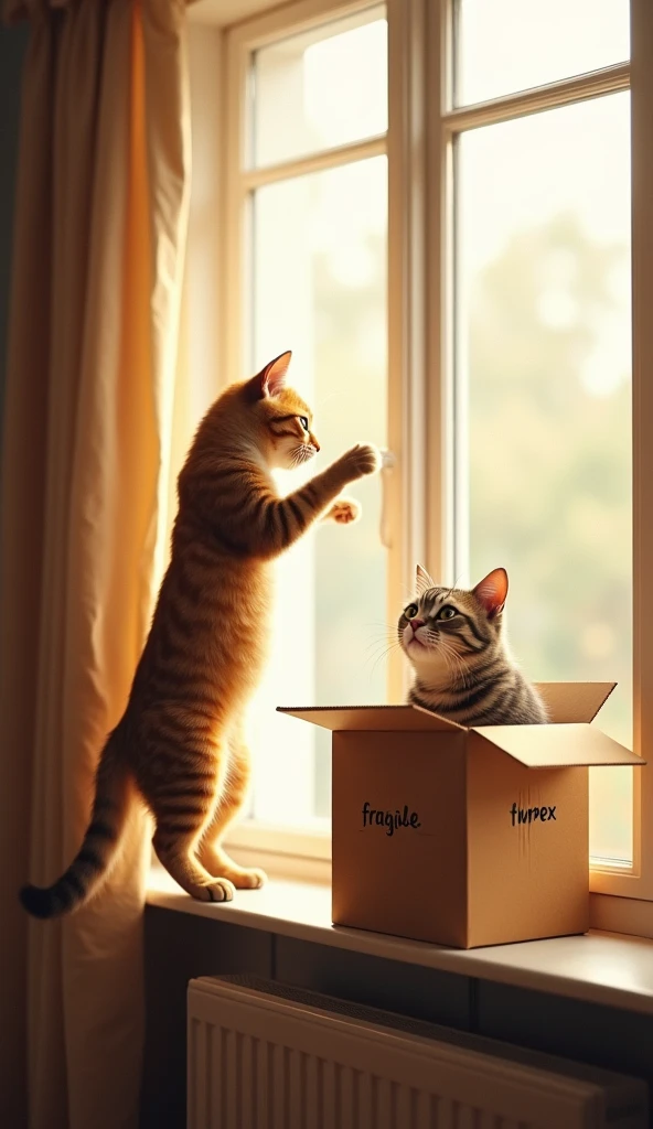 The cat standing on the windowsill, preparing to jump with confidence. The next frame shows the cat landing awkwardly into a cardboard box labeled Fragile, with its head popping out of the box and looking annoyed. The setting includes a curtain fluttering ...