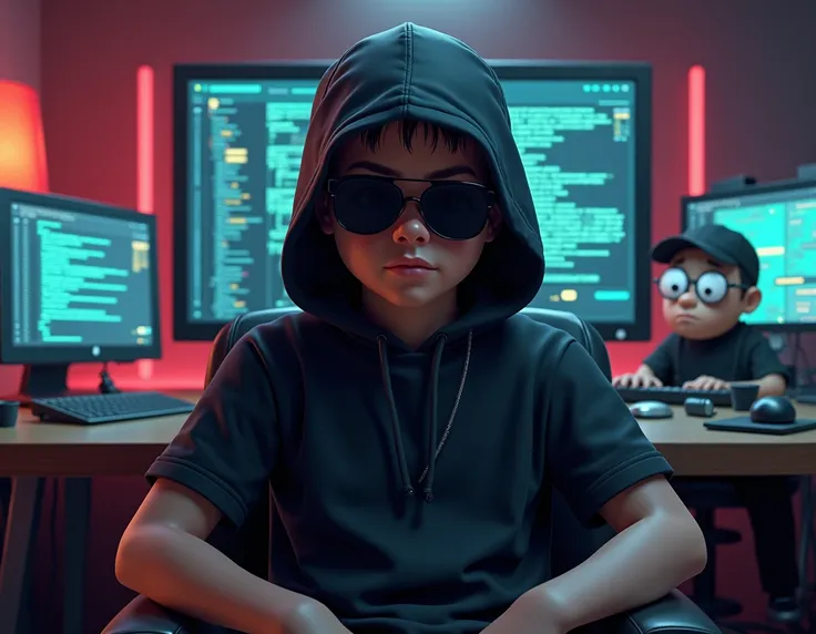 make Kenny McCormick from south park from the front and sitting on a chair, with a black t-shirt, dark glasses and black cap, and there should be hacker screens in the back, finally put steve on the right side of the image.