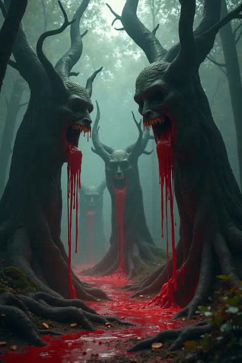 An evil forest full of trees with demonic faces that are vomiting up thousands of gallons of blood colored red paint with chunks.Put different trees with different menacing faces vomiting the red paint that collects on the forest floor in between the massi...