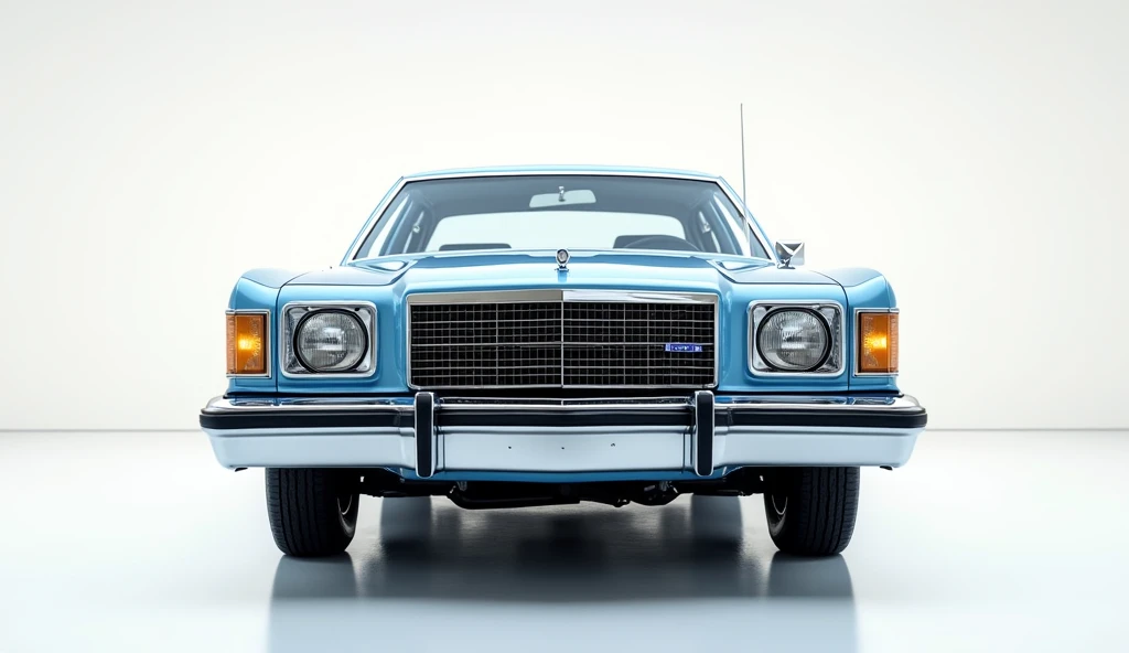 Generate a full front view of the 1978 Ford Granada colour light blue in showroom luxury showroom background white full front view 