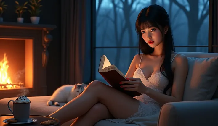 A stunning Korean woman with glowing skin, sexy, GREAT, with long straight black hair with bangs, blue eyes, piercing gray eyes, thick red lips with lip-gloss, she wears a short black silk robe, unfolded in front, barefoot, she is lying on a couch reading ...