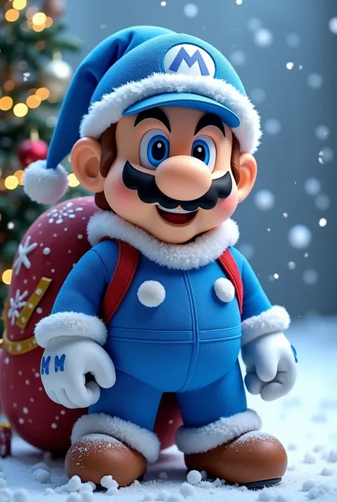 A blue-colored character resembling Super Mario, dressed as Santa Claus. He wears a classic Santa hat and coat in a bright blue hue, with white fur trim. The character has a cheerful expression, iconic mustache, and white gloves, standing in a festive snow...