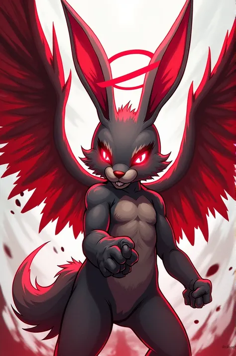 A half angel and half demon badass looking bunny, anime lighting, glitching, red,white and, black illistration