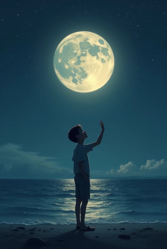 a boy stands by the sea and looks at the moon with one hand, the moon is full and gives a little light, the moon is visible in the sea and there are stars, the moon does not have to be very big,