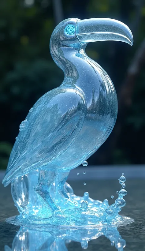 4k, detailed, water sculpture toucan, flowing liquid form, translucent feathers, water droplet eyes, ethereal glow