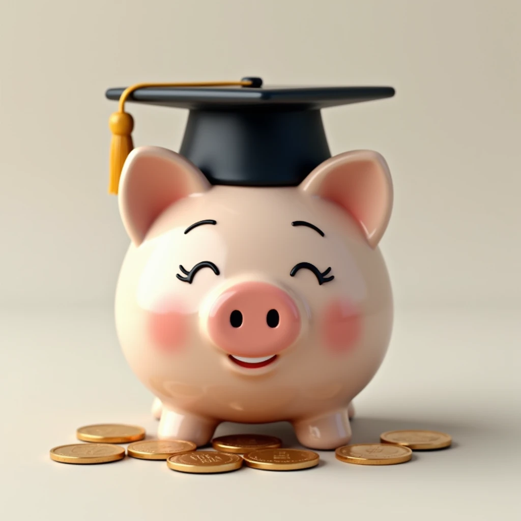 Piggy bank with a black graduation hat with coins as educational loan symbol