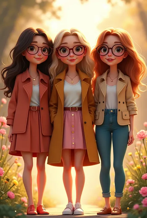  Three different friends fashionably dressed .  Brunette in glasses with brown hair .  Blonde with long wavy hair and brunette with wavy hair in glasses. All side by side .  Animated fairy-tale picture .  All light-skinned  