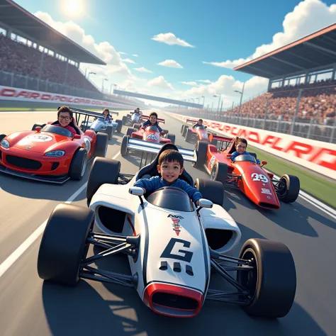 All the characters playing racing competing smiling 