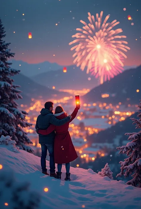  A viewpoint atop a snow-covered mountain ,  overlooking a city illuminated below .  The camera shows couples embracing ,  admiring the landscape , as the snow gently falls . IN THE SKY,  fireworks fill the horizon with vibrant colors .  Paper lanterns flo...