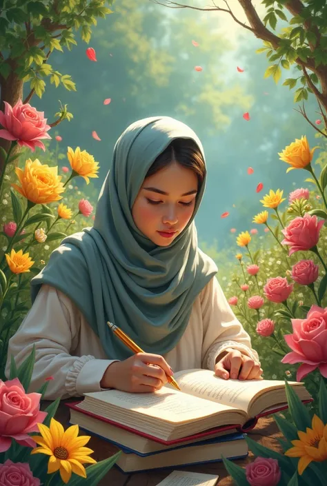 A very beautiful hijab girl is studying hard in a colorful flower garden with many books around it