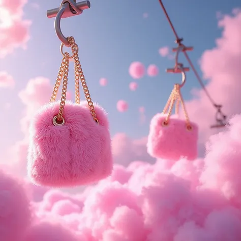 Bright Pink fuzzy fleece, handbags with gold chain hanging on a rope in sky like a ski lift