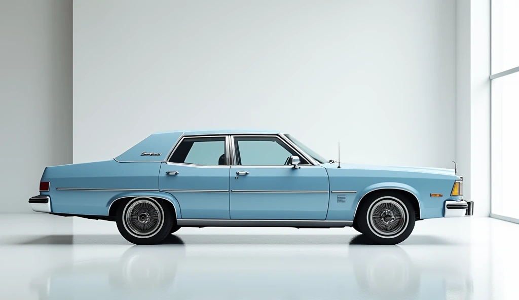 Generate a full side view of the 1978 Ford Granada colour light blue in showroom luxury showroom background white full side view