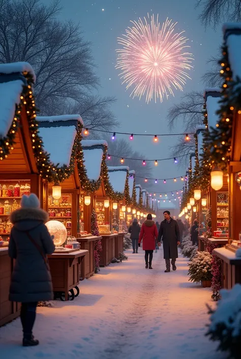  An outdoor Christmas market , with snow-covered tents ,  full of ornaments and shiny gifts .  People with scarves and hats walk slowly ,  holding hot chocolate cups . The camera focuses on the details:  an enchanted  looking at a snow globe ,  the sparks ...