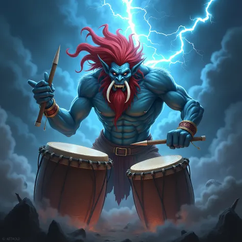 Troll shaman , lanky, blue skin,  Red hair , large tusks protrude up from the lower jaw,  plays drums against a background of lightning, world of warcraft