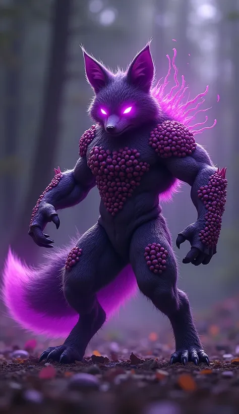 create 32k illustration of a powerful, muscular hybrid creature formed from a fox and acai berry, with the sleek, agile fox body covered in dark purple acai berry-like clusters. The berries are embedded into the fox’s fur, growing along its spine and tail,...