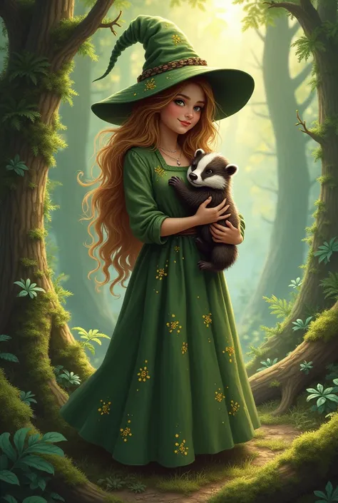 Gnome lady long sandy brown hair and hat, wearing a long dress with mold, in the forest, holding a badger baby 