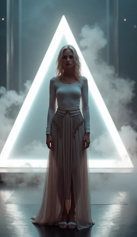 "A stunning blonde woman with a confident expression, standing elegantly on a futuristic stage. She is wearing a stylish skirt with intricate details, illuminated by soft, mystical lighting that creates a dreamy atmosphere. Behind her, a large, glowing tri...