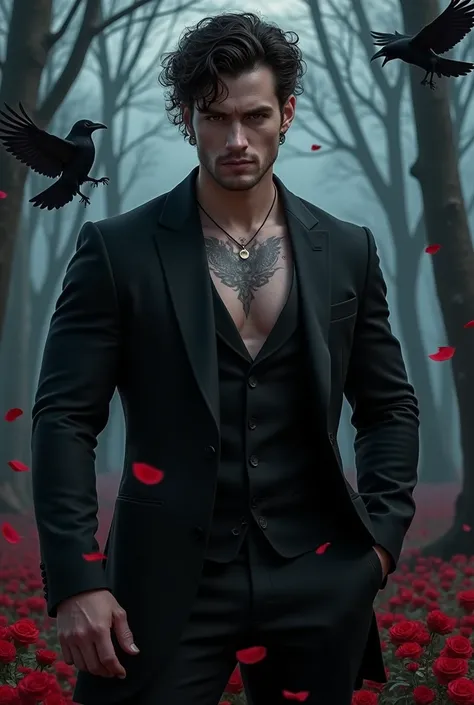 Ian Somehalder young ,  with dark hair and dark eyes ,  very muscular, With strong arms,  burly and stocky , tattooed,  dressed in a very elegant dark suit ,  shirtless , serious look.  Background a night forest with red roses and flying crows. 