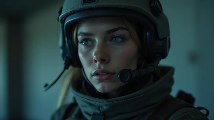 UHD,  320 FPS, high resolution, highly detailed female soldier wearing a futuristic communications headset,  backgroumd is very dark and eeirie, dim lighting, no low resolution, no animation, no blur, no deformity, no distortion