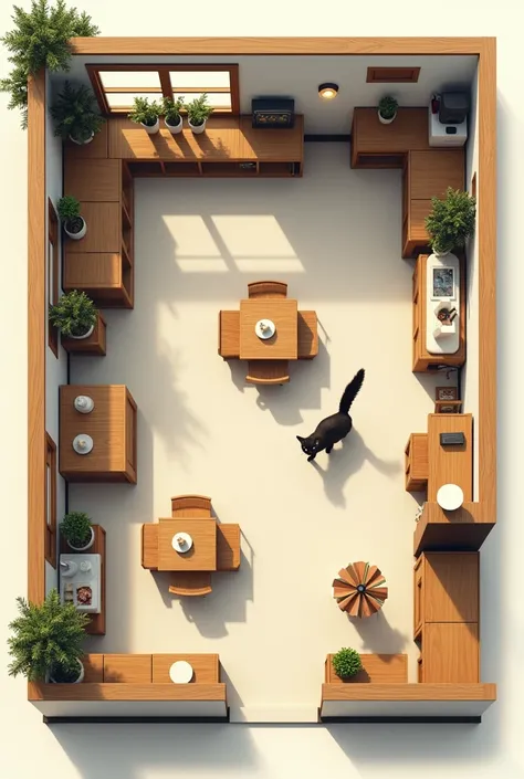 Create an image of a plane seen from above for a cafe cat,  in which 40 %, separate area for cats from the others, 30%  is divided for storage and another ,  and the remaining percentage for tables and service