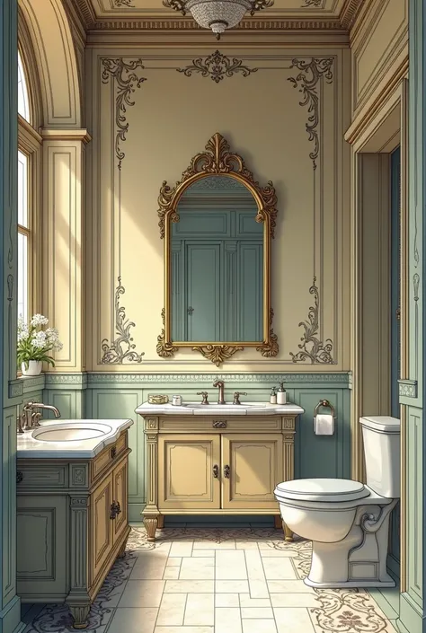 Magnifique! Salle de bain dans une magnifique maison dessus dans un style graphique. Bande dessinée française 2D les coups de crayon doivent être extrêmement détaillé et  visible Les couleurs harmonieuses et légèrement foncé
