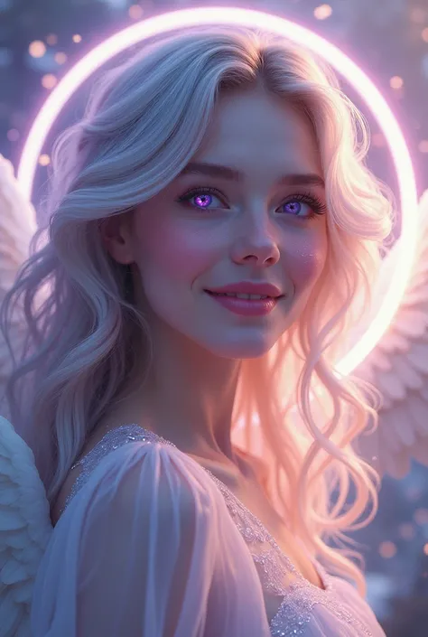  glitter effect,  gradient color hairstyle ,  purple eyes,  Ring of Angels ,  super detailed ,  1 girl,  smiles, 