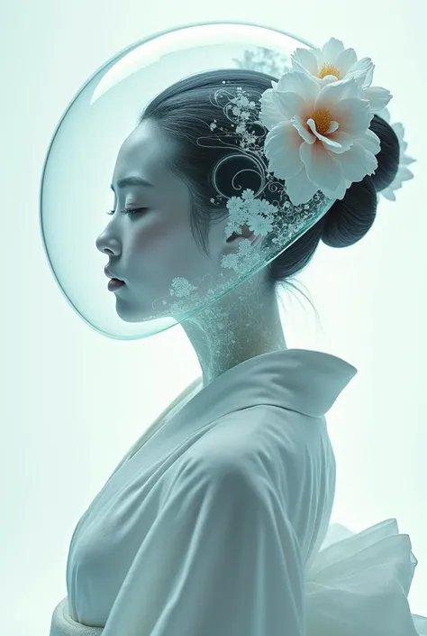 A geisha in Sorayama style with a thick layer of clear glass head and face, flowing fractal beneath the surface, elegant kimono pose made of glass, white angelic scene, futuristic, 