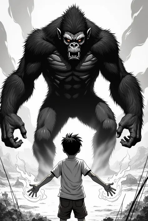 A boy facing a gorilla like alien monster with fire coming out of his hands, black and white, 90s manga style. 