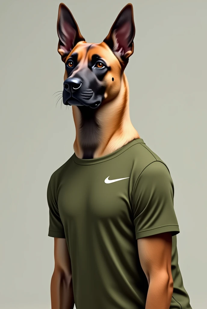 Un malinois avec un t-shirt Nike vert kaki 