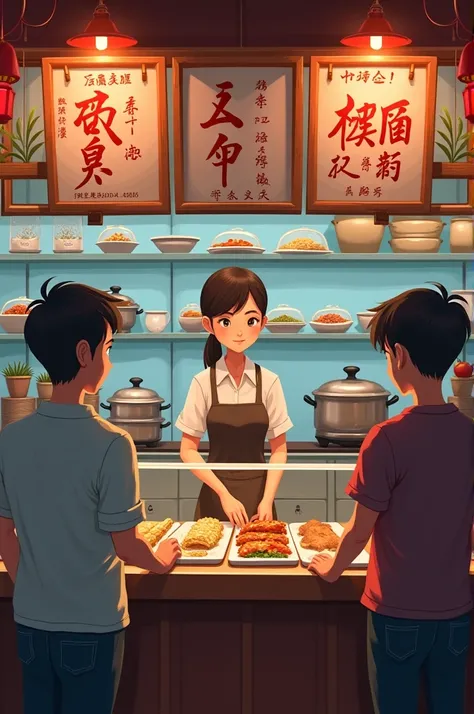 Image caption A 21-year-old girl standing to take orders at a made-to-order restaurant has a glass cabinet with boiled chicken, grilled duck and she stands at a noodle pot and dim sum stove. A couple of male and female customers aged 30 stood ordering food...