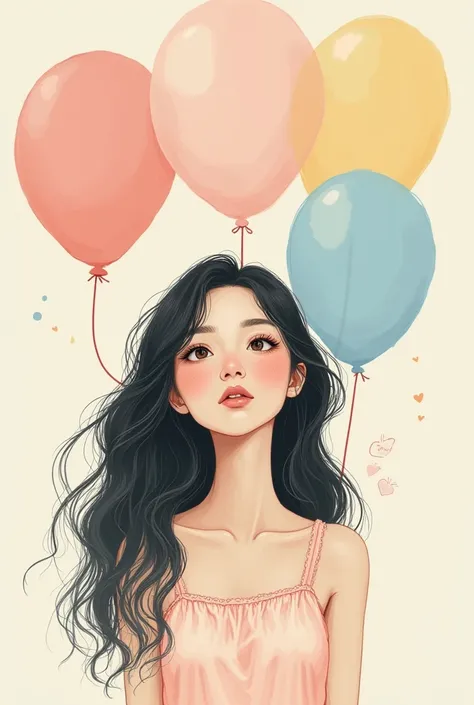 White girl with long wavy black hair with balloons and pastel illustration style drawing 

