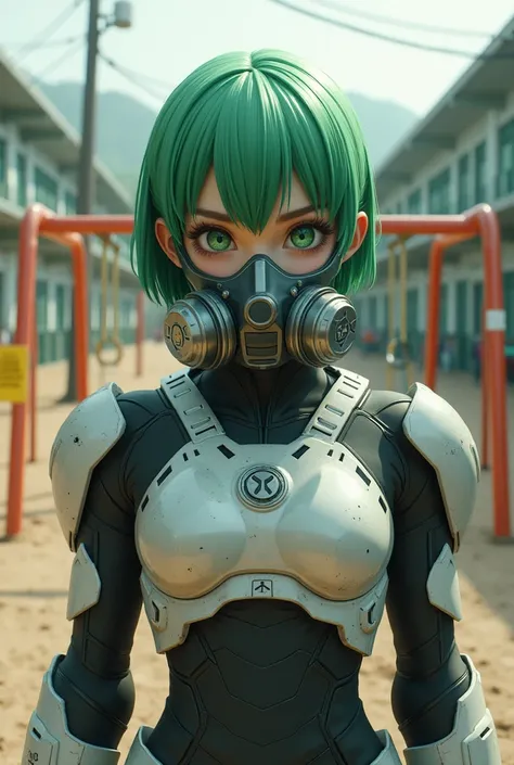 Girl  short hair green eyes with armor and an oxygen mask in the middle of a schoolyard 