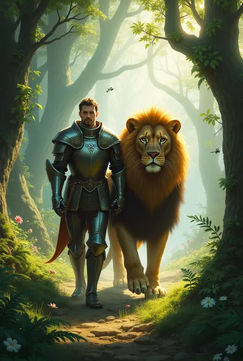 The knight walks with the lion in the forest