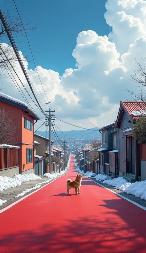 A dynamic high-angle wide shot of the red surface of a sloping residential street, shot from the top of the slope. The scene unfolds under a partly cloudy sky, taking up a significant portion of the frame. The viewpoint is looking down the street.

The sea...