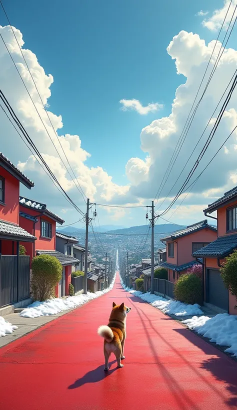 A dynamic high-angle wide shot of the red surface of a sloping residential street, shot from the top of the slope. The scene unfolds under a partly cloudy sky, taking up a significant portion of the frame. The viewpoint is looking down the street.

The sea...