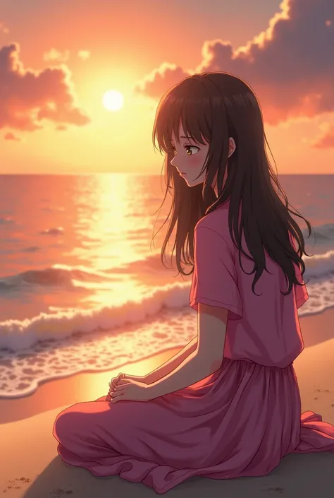 A beautiful 18 year old girl was sitting sadly on the beach wearing pink clothes while looking at the setting sun