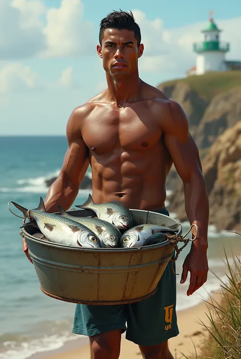 Cristiano Ronaldo walks in with a few fish in a bucket