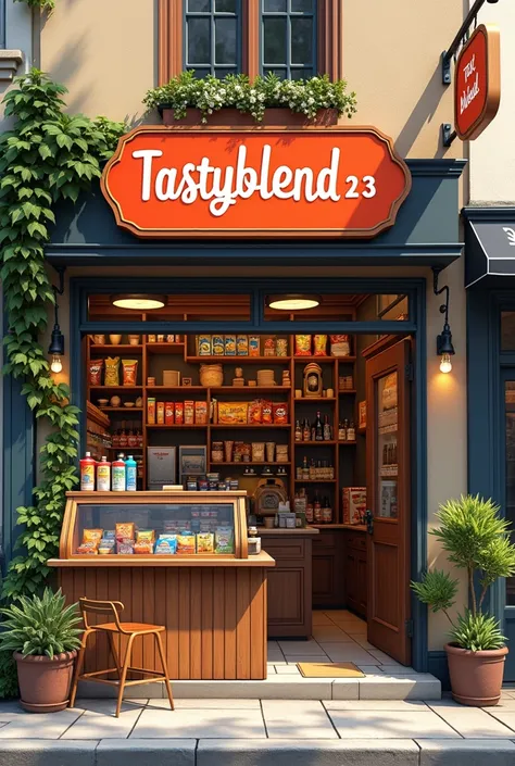 Shop that named as tastyblend23 sell snacks and drink. Give realistic picture based on this