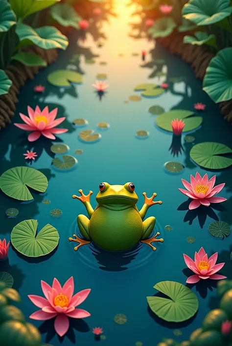 Frog seen from above in the water with water lilies at sunset with the cut-out paper art technique consisting of layers of colored cardboard.