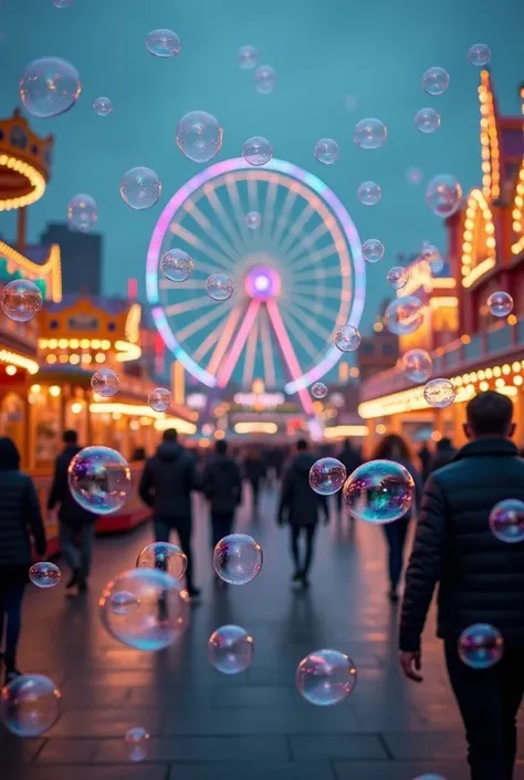  Lots of soap bubbles in front of a large amusement park,  where you can see a roller coaster , carousels, people are happily walking .  holiday atmosphere .  Soap bubbles reflect lights from the lights in the park 