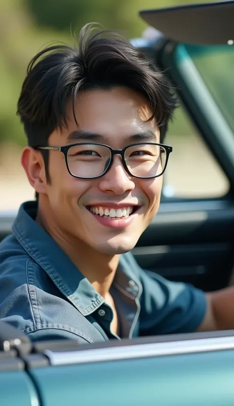 (photorealism:1.2), very Handsome japanese man, 22-27 year-old, he is now driving a car, convertible, wear glasses, happy 