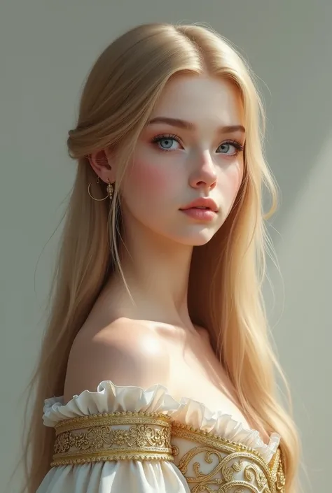 a pretty very young princess with long straight blond hair and blue eyes looking serious