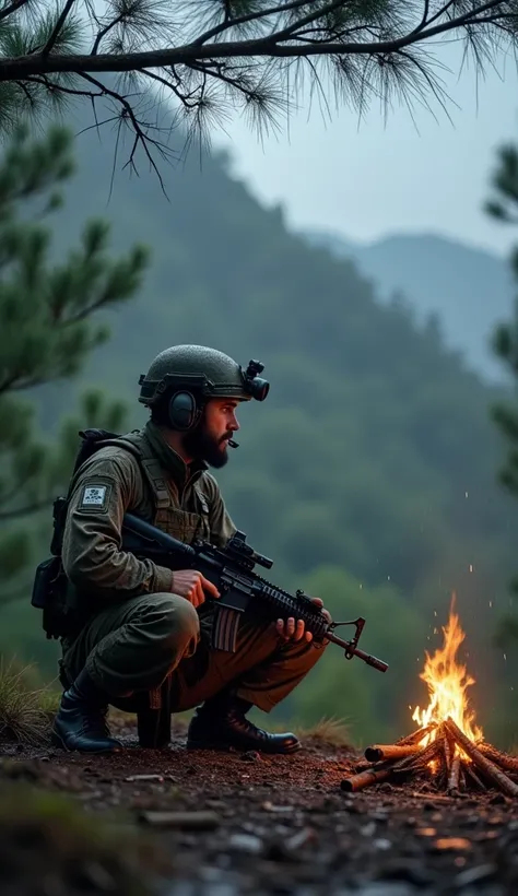 Lonely guerilla soldier is sitting on the wet ground, with his legs stretched out infront of a small campfire made out of random branches and small sticks. Right above him are dense pine branches dripping with rain water. The guerilla soldier is a male, ag...