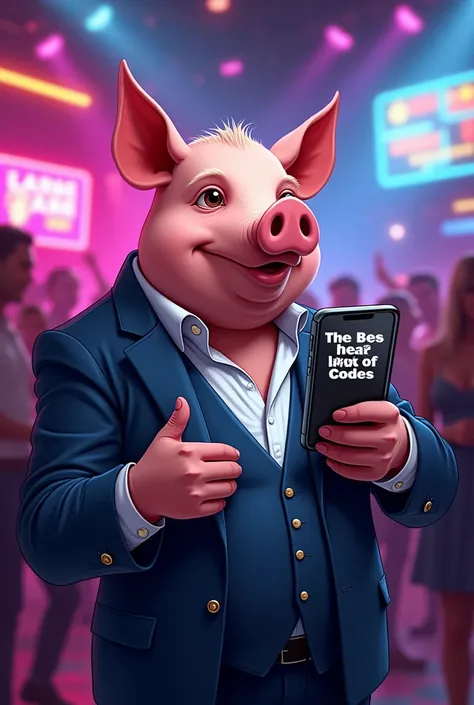 A pig in a nightclub showing his cell phone with a text and writing 