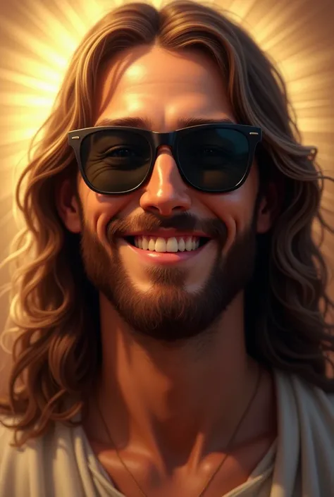 Jesus with dark glasses and a greeting smile 